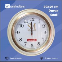 Krem Çerçeve Gold Çizgili 40*40 Şirket Logolu Duvar Saati